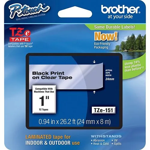 Brother TZE151 Black on Clear tape for P-Touch .94" (24mm) 26.2' (8m) length