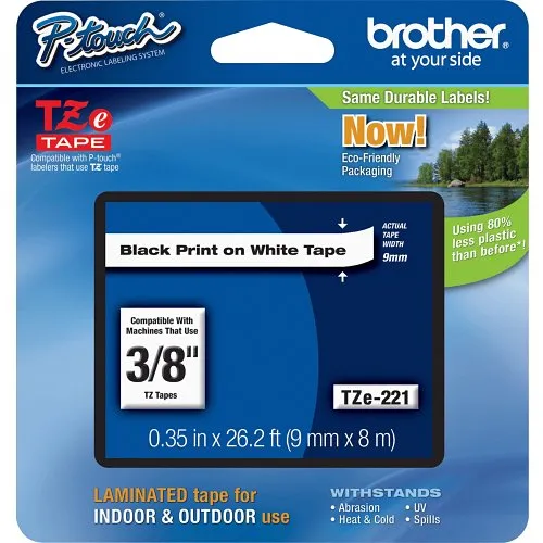 Brother TZE221 TZe Tape, Black on White Laminated Tape, 0.35 in 26.2 ft (9mm 8m)