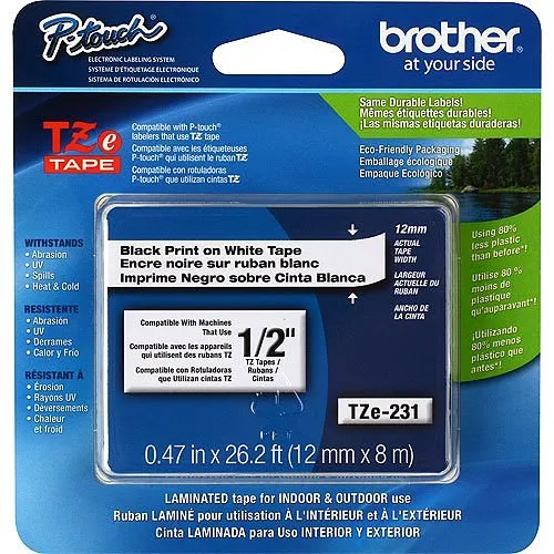 Brother TZe231M TZe Tape, Black on White Label Printer Labels, 0.47in 26.2 ft (12mm 8m)