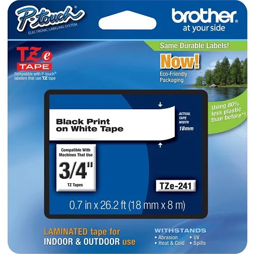 Brother TZE241 TZe Tape, Black on White Laminated Tape, 0.7 in 26.2 ft (18 mm 8 m)