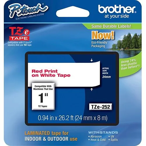 Brother TZE252 Red on White Laminated Tape 24 mm