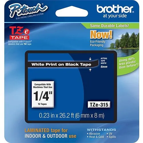 Brother TZE315 White on Black tape for P-Touch .23" (6mm), 26.2' (8m) length