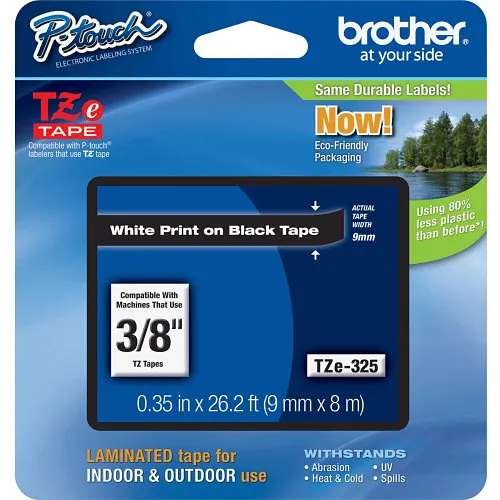Brother TZE325 TZe Tape, White on Black Laminated Tape, 0.35 in 26.2 ft (9mm 8m)