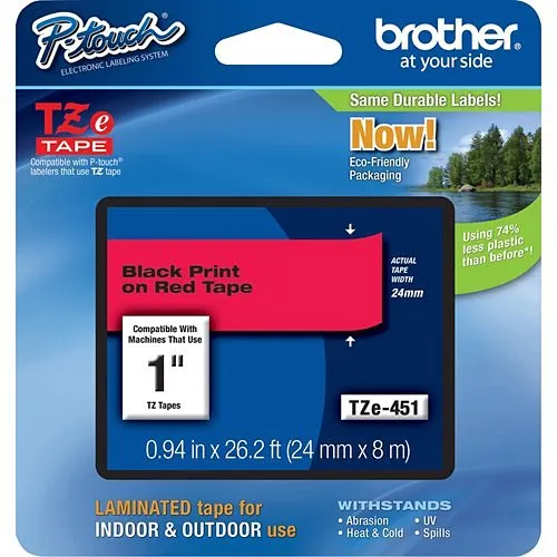 Brother TZE451 Black on Red tape for P-Touch .94" (24mm), 26.2' (8m) length