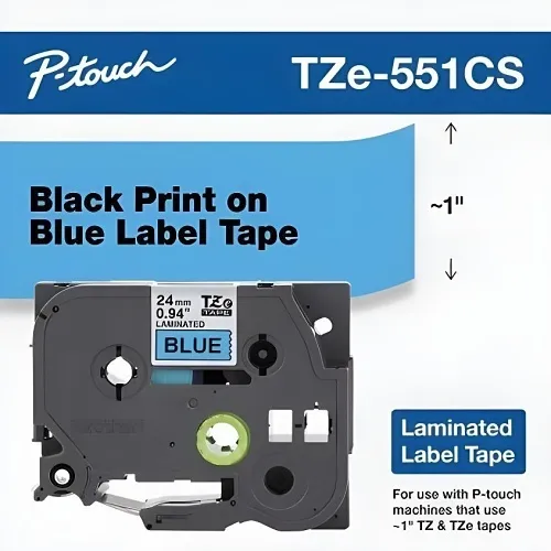 Brother TZE551CS Laminated Label Tape for P-Touch Label Maker, 0.94"x26.2', Black on Blue
