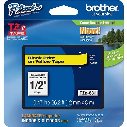 Brother TZE631 12 mm (0.47") Black on Yellow Label Tape for P-Touch m (26.2')