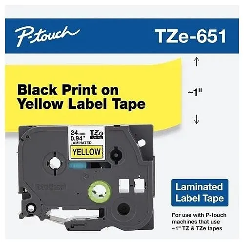 Brother TZE651 26.2' 24mmx8m Black Ink on Yellow
