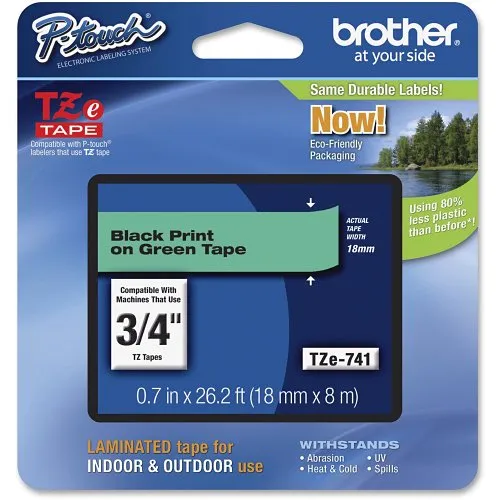 Brother TZE741 TZe Tape, Black on Green tape for P-Touch, 0.7 in 26.2 ft (18 mm 8 m)