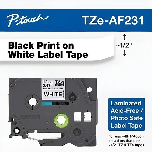 Brother TZEAF231-Label Maker Tape, 0.47"ch x 26.2 Foot, White