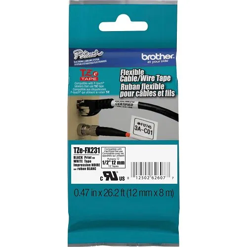 Brother TZe-FX231 TZe Tape, P-touch Black on White Flexible ID Label Tape, 12mm (0.47") 8m (26.2')