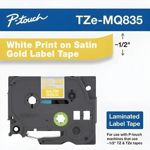Brother TZEMQ835 Laminated Label Tape for P-Touch, 16.4' (5m), White on Satin Gold