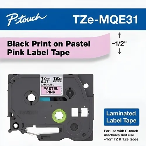 Brother TZEMQE31 Laminated Label Tape for P-Touch, 26.2' (8m), Black on Pastel Pink