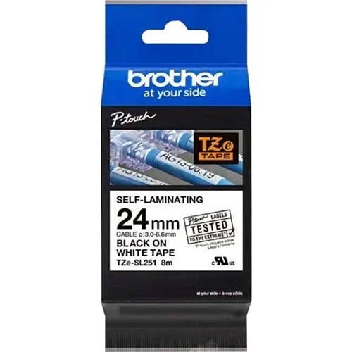 Brother TZESL251 Black Ink on White Self-Laminating Label .94" (24mm), 26.2' (8m) length