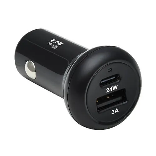 Tripp Lite U280-C02-24W-1B Dual-Port USB Car Charger with 24W Charging - USB-C (24W) PD 3.0, USB-A (24W) QC 3.0, Black