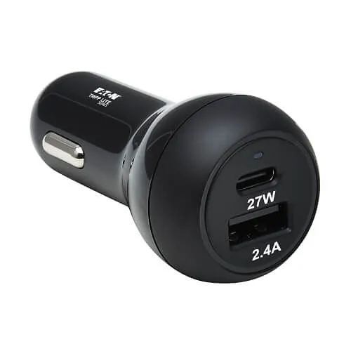 Tripp Lite U280-C02-39W-1B Dual-Port USB Car Charger with 39W Charging - USB-C (27W) PD 3.0, USB-A (12W), Black