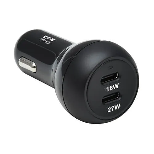 Tripp Lite U280-C02-45W-2B Dual-Port USB-C Car Charger with 45W PD Charging - USB-C (27W), USB-C (18W), Black