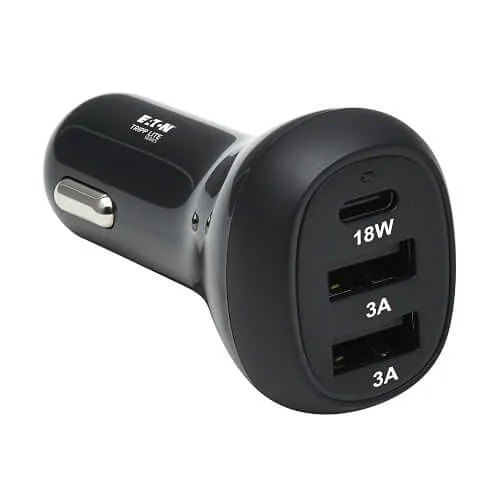 Tripp Lite U280-C03-36W-1B 3-Port USB Car Charger, 36W Max - USB-C PD 3.0 Up to 18W, 2 USB-A QC 3.0 Up to 36W
