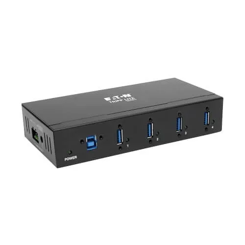 Eaton Tripp Lite U360-004-IND 4-Port Rugged Industrial USB 3.0 SuperSpeed Hub 15kV ESD Immunity Metal Case, Mountable, Type-A, Black