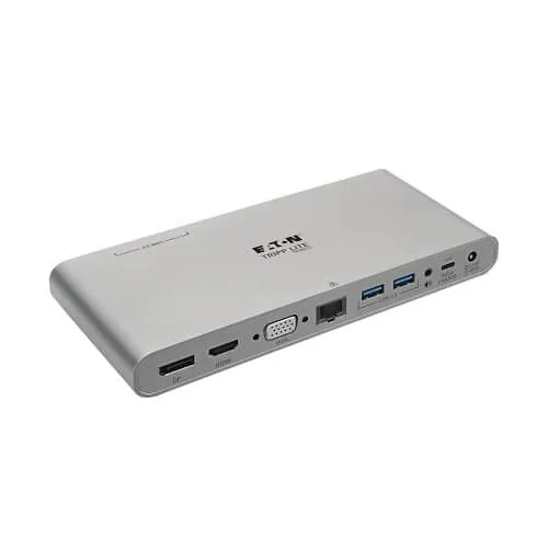Eaton Tripp Lite U442-DOCK4-S USB-C Dock, Triple Display, 4K HDMI/DisplayPort, VGA, USB 3.x (5Gbps), USB-A/C Hub Ports, GbE, 100W PD Charging, Thunderbolt 3, Silver