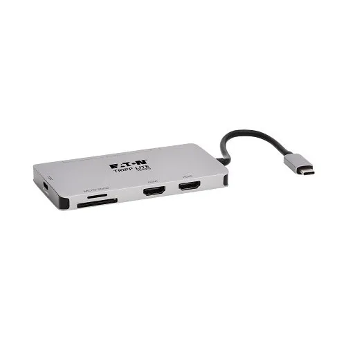 Eaton Tripp Lite U442-DOCK8-GG USB-C Dock, Dual Display 4K 60 Hz HDMI, USB 3.x (5 Gbps) Hub Ports, Memory Card, 100W PD Charging, Gray