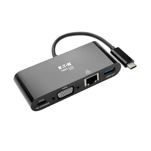 Eaton Tripp Lite U444-06N-VGUB-C USB-C Multiport Adapter, VGA, USB-A Port, Gbe and PD Charging, Black
