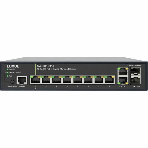 Luxul SW-505-8P-F 8 PoE+/2 RJ45/2 SFP Front-Facing Ports, 1Gb L2/L3 Managed Switch, US Power Cord
