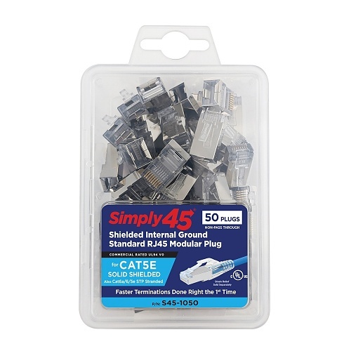Simply45 S45-1050 Shielded Internal Ground Standard RJ45 Modular Plug for CAT5e Solid Shielded, 50-Pack, Blue Tint
