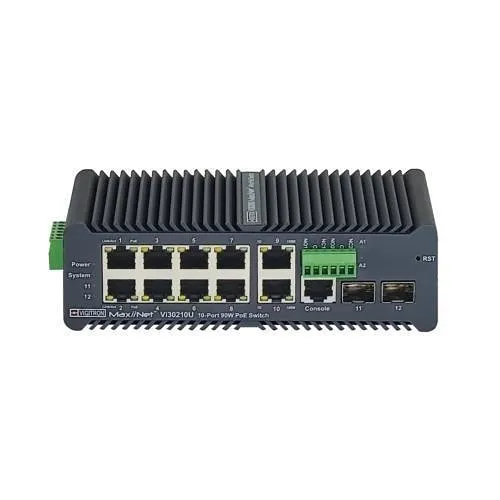 Vigitron Vi30210U Maxii Net Series Hardened Managed 12-Port Industrial PoE Ring Switch, 90W IEEE 802.3bt, 490W Budget