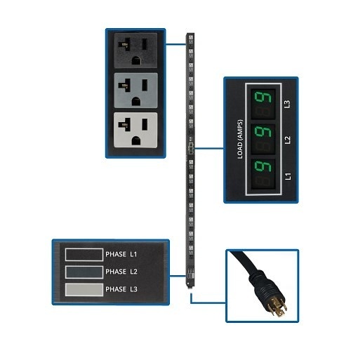 Eaton Tripp Lite PDU3MV6L2120LV 6' 5.7kW 3-Phase Metered PDU, 42 5-15/20R Outlets, L21-20P Input, 0U Vertical, Black