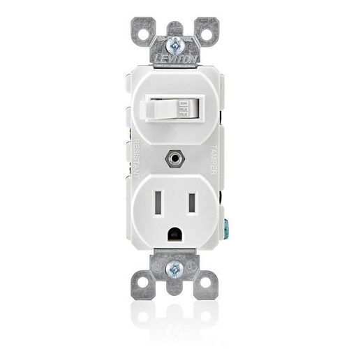 Leviton T5225-W Tamper-Resistant Outlet / Receptacle, 15A, 120V, Duplex Style Single-Pole / 5-15R AC Combination Switch, Commercial Grade, Grounding, Side Wired, White
