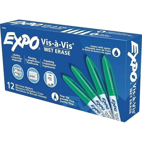 Expo 16004 Vis-a-Vis Wet Erase Marker, Fine Bullet Tip, Green, 12-Pack