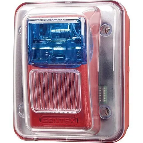 Gentex WGESB24-75PWR WGES 24V DC Outdoor Colored Lens Strobe, 75CD, No Marking, Red Faceplate, Blue Lens