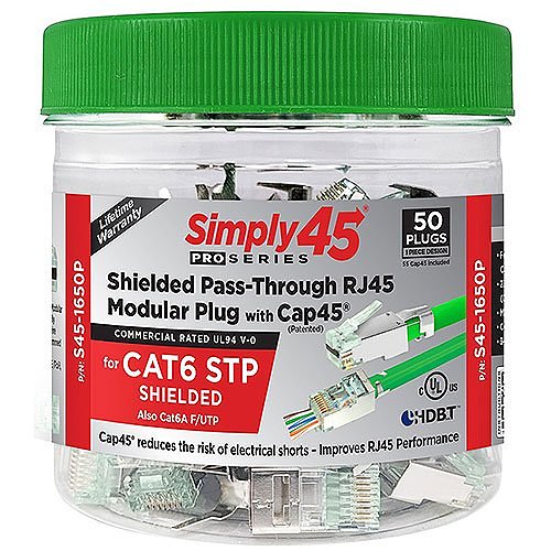 Simply45 S45-1650P Pro Series CAT6 STP Shielded, Pass-Through RJ45 Modular Plug with Cap45, 50-Piece