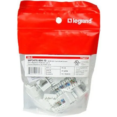 On-Q WP3476-WH-100 CAT6 Quick Connect RJ45 Keystone Insert, 100-Pack, White
