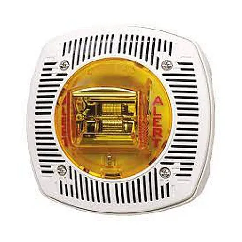 Gentex WSSPKA24-15/75PWR WSSPK24 Series Outdoor Colored Lens Speaker/Strobe, Wall Mount, 148mA, No Lettering, Amber Lens, Red