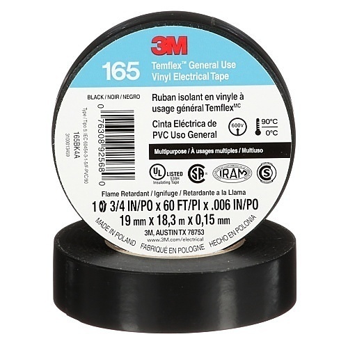 3M 165BK4A Temflex Vinyl Electrical Tape 165, 3/4"X60' (19mmX18m), Black