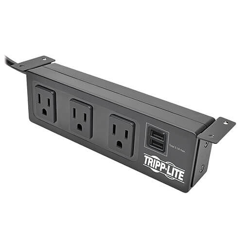Tripp Lite TLP310USBS Protect It! 3-Outlet Surge Protector with Mounting Brackets, 10' Cord, 510 Joules, 2 USB Charging Ports, Black Housing