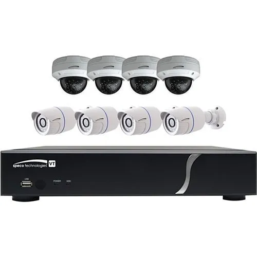 Speco ZIPT8BD2 HD-TVI Video Surveillance 9-Piece Kit, (1) D8VX2TB 8-Channel DVR, 2TB HDD, (4) VLB5 2MP Bullet Cameras, (4) 2MP Dome Cameras, White