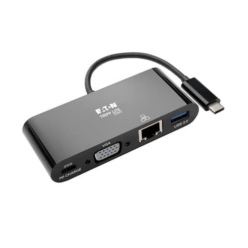 Eaton Tripp Lite U444-06N-VGUB-C USB-C Multiport Adapter, VGA, USB-A Port, Gbe and PD Charging, Black